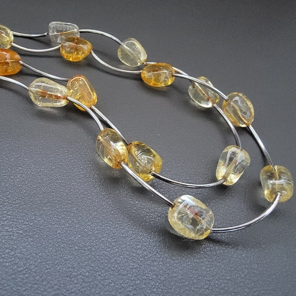 Estate Jewelry - Natural Citrine Nugget Necklace 925 Sterling Silver Scalloped Wire Strand